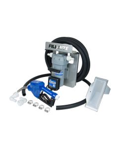 Fill-Rite DF012CAN520 12V DC 8 GPM DEF transfer pump with tote bracket and auto nozzle.