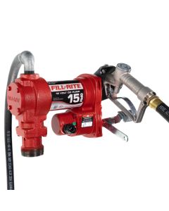 Fill-Rite FR1210H 12V DC 15 GPM fuel transfer pump with accessories for diesel gasoline and more. Left side view.