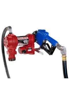 Fill-Rite FR1210HARC 12V DC 15 GPM fuel transfer pump with accessories for diesel gasoline and more. Left side view.