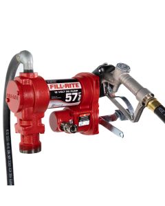 Fill-Rite FR1210HE 12V DC 15 GPM fuel transfer pump with accessories for diesel gasoline and more. Left side view.