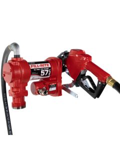 Fill-Rite FR1210HEA 12V DC 15 GPM fuel transfer pump with accessories for diesel gasoline and more. Left side view.