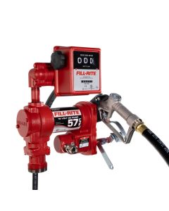 Fill-Rite FR1211HEL 12V DC 15 GPM fuel transfer pump with accessories for diesel gasoline and more. Left side view.