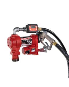 Fill-Rite FR1219H 12V DC 15 GPM fuel transfer pump with accessories for diesel gasoline and more. Left side view.