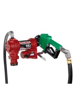 Fill-Rite FR1220HDSFQ 12V DC 15 GPM fuel transfer pump with accessories for diesel gasoline and more. Left side view.