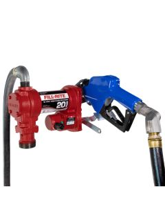 Fill-Rite FR4210HARC 12V DC 20 GPM fuel transfer pump with accessories for diesel gasoline and more. Left side view.