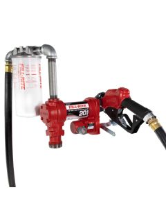 Fill-Rite FR4210HBFQ 12V DC 20 GPM fuel transfer pump with accessories for diesel gasoline and more. Left side view.