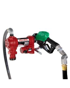 Fill-Rite FR4210HDS 12V DC 20 GPM fuel transfer pump with accessories for diesel gasoline and more. Left side view.