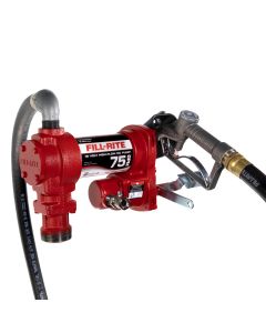 Fill-Rite FR4210HE 12V DC 20 GPM fuel transfer pump with accessories for diesel gasoline and more. Left side view.