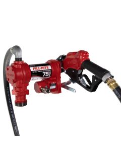 Fill-Rite FR4210HEB 12V DC 20 GPM fuel transfer pump with accessories for diesel gasoline and more. Left side view.