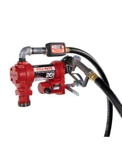 Fill-Rite FR4219H 12V DC 20 GPM fuel transfer pump with accessories for diesel gasoline and more. Left side view.