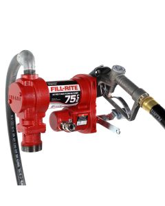 Fill-Rite FR4410H 24V DC 20 GPM fuel transfer pump with accessories for diesel gasoline and more. Left side view.