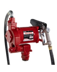 Fill-Rite FR700V 115V AC 20 GPM fuel transfer pump with accessories for diesel gasoline and more. Left side view.