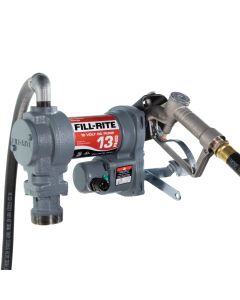 Fill-Rite SD1202H 12V DC 15 GPM fuel transfer pump with accessories for diesel gasoline and more. Left side view.