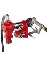 Fill-Rite FR2410HE 24V DC 15 GPM fuel transfer pump with acessories for diesel gasoline and more. Left side view.